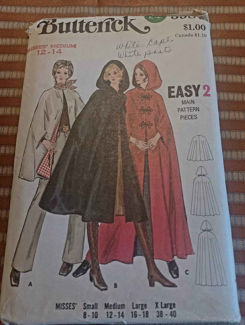 Vintage (70s), Butterick Easy Pattern, Three Versions off Capes,  Sizes 12- 14
